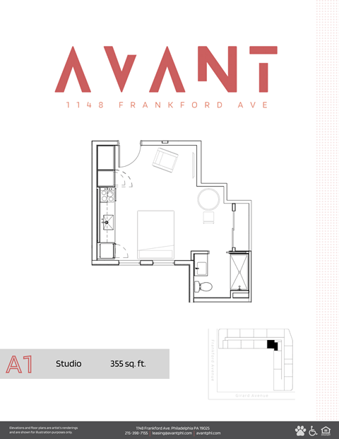 Floor plan for studio, 1 bath, 355 sqft